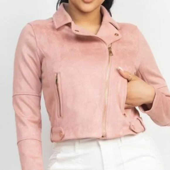 Women's Notch Zippered Suede Rider Jacket - Pink - Picture 4 of 4